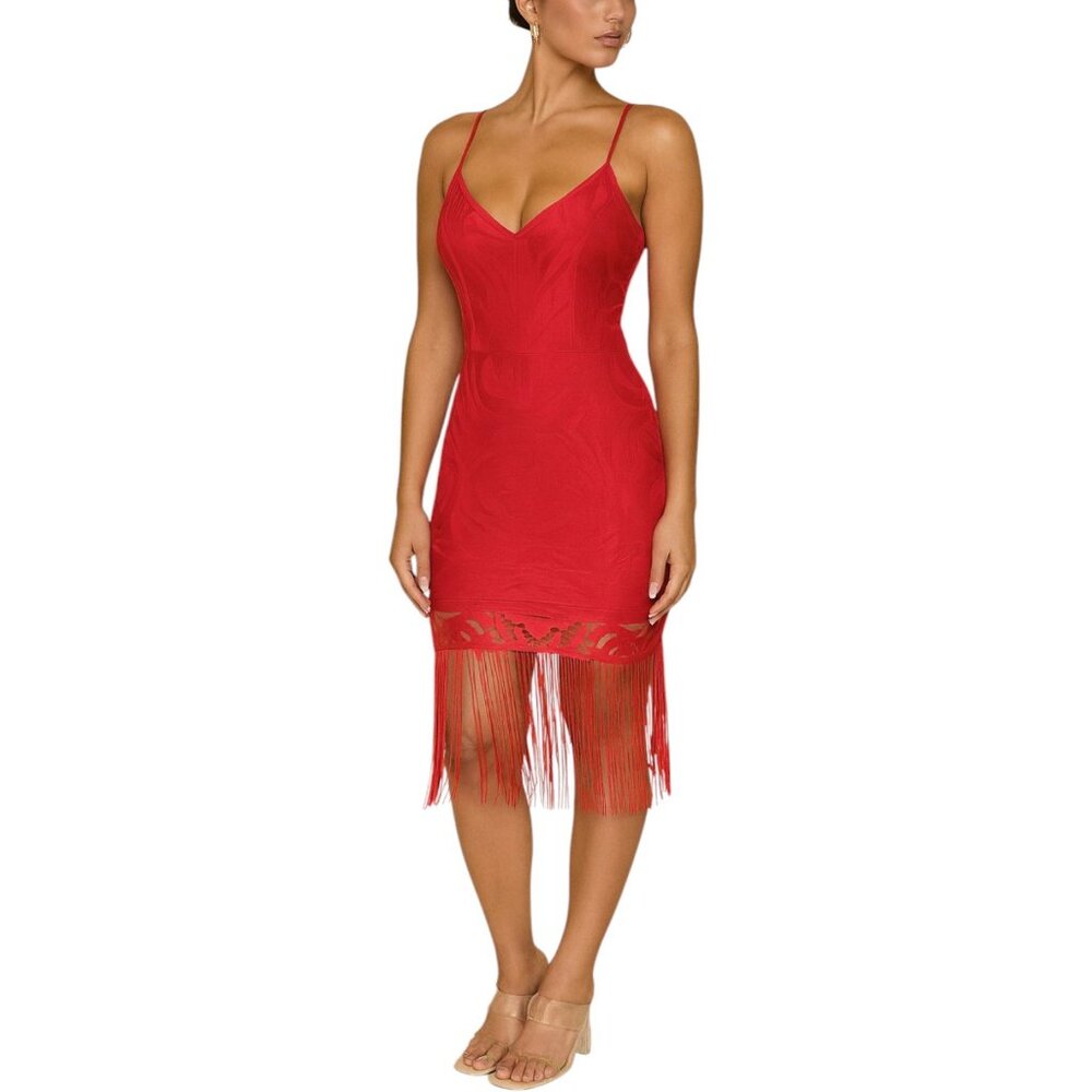 Stunning Fringe Hem Lace Spaghetti Cross Strap Lace Up Backless Bodycon Dress S - Picture 2 of 8